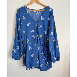 Old Navy Womens 3X Blue Floral Wrap Blouse Top Career Feminine Prairie Peasant